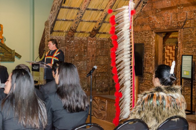 Photo credit: APJ Photography Joe Podlasek, LCO-Ojibwe/Polish, speaks his welcome words on behalf of the First People of the United States, and explains the importance of the Eagle staff he presented